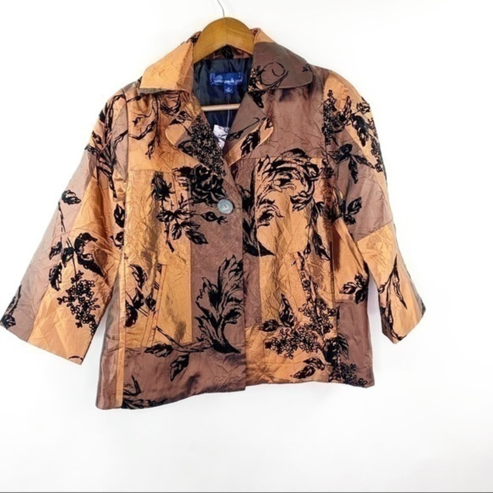 NWT Susan Graver X Small Satin Floral Blazer Jacket Brown Holiday Dressy Fall XS